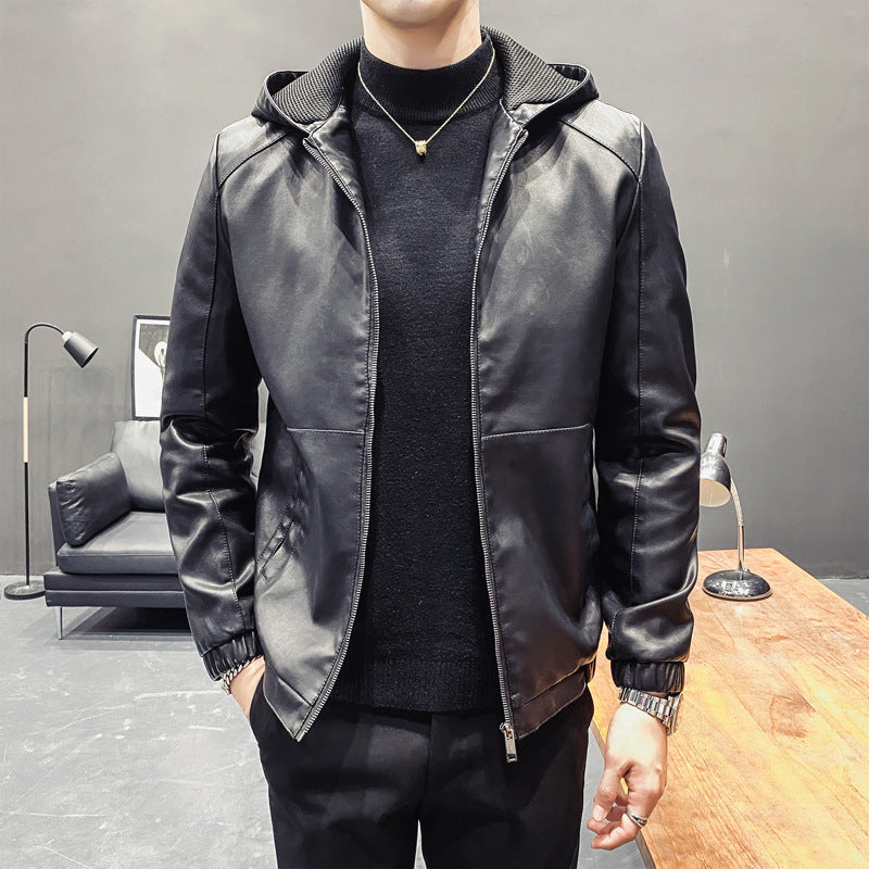 Men's Leatherette Hooded Blouson with Mesh Inner Hood, Slim Silhouette and Full Zipper Mune Fashion