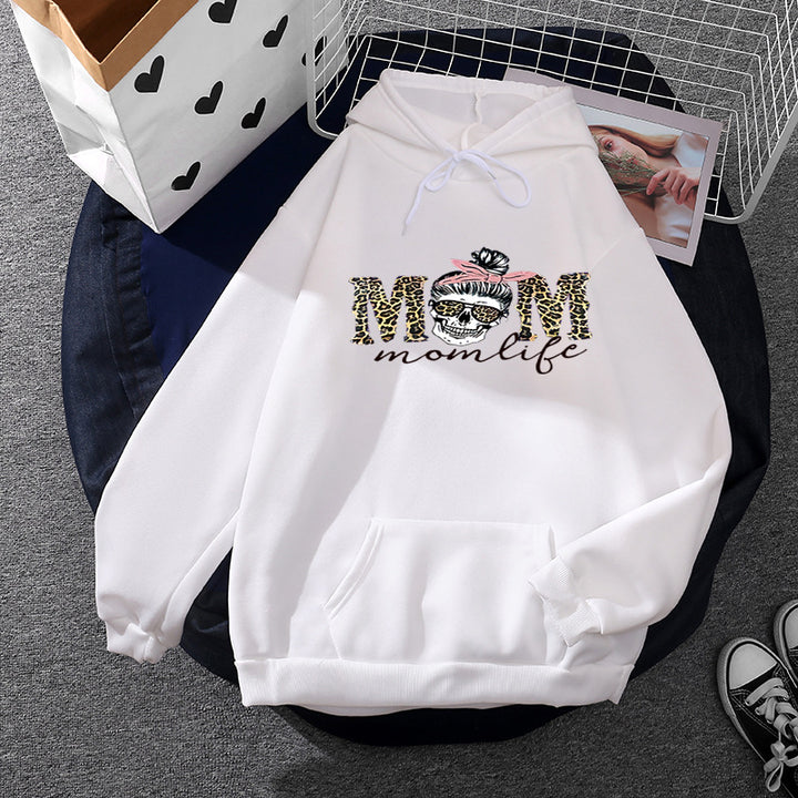 Women Hooded Sweatshirt with "Momlife" Skull Print, Kangaroo Pocket, Soft Fleece Lining and Loose Oversized Fit Mune Fashion