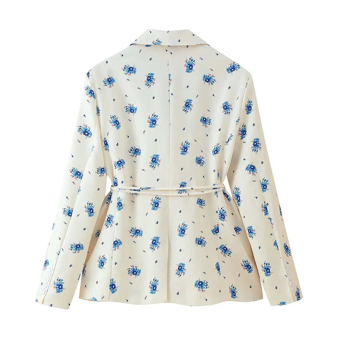 Women's floral blazer jacket with tie belt, patch pockets and shawl collar Mune Fashion