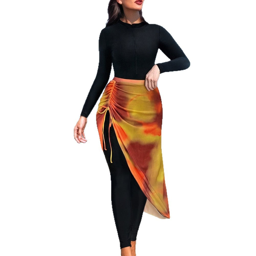 Women's Combined Long Sleeve Swimsuit with Asymmetrical Skirt Mune Fashion