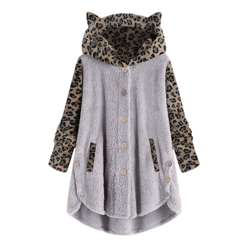 Women's teddy coat with hood, button placket, and contrasting leopard sleeves Mune Fashion