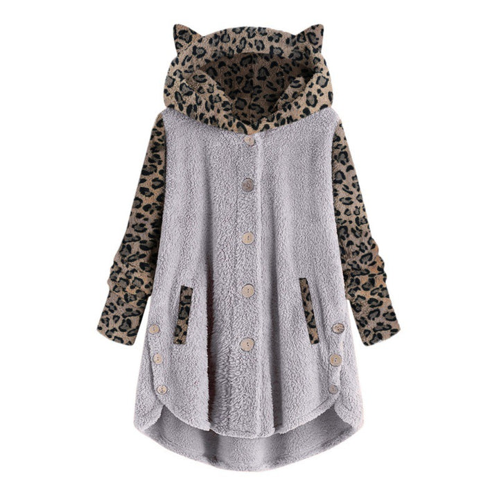Women's teddy coat with hood, button placket, and contrasting leopard sleeves Mune Fashion