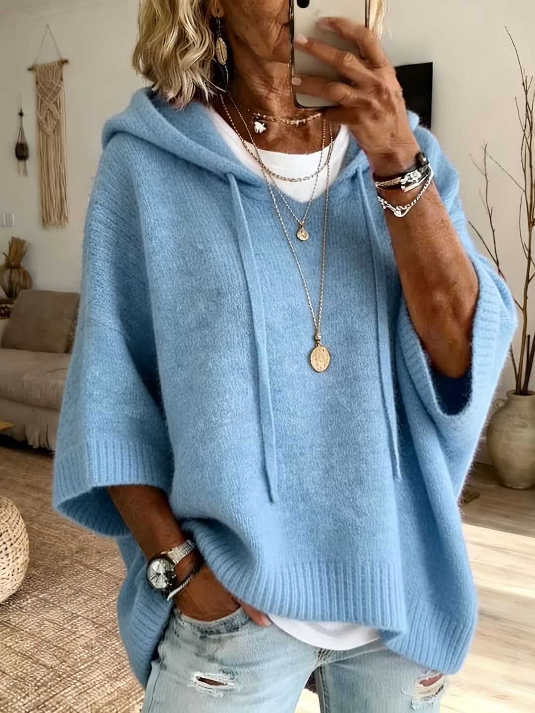 Women's oversized knit poncho with hood and short sleeves Mune Fashion
