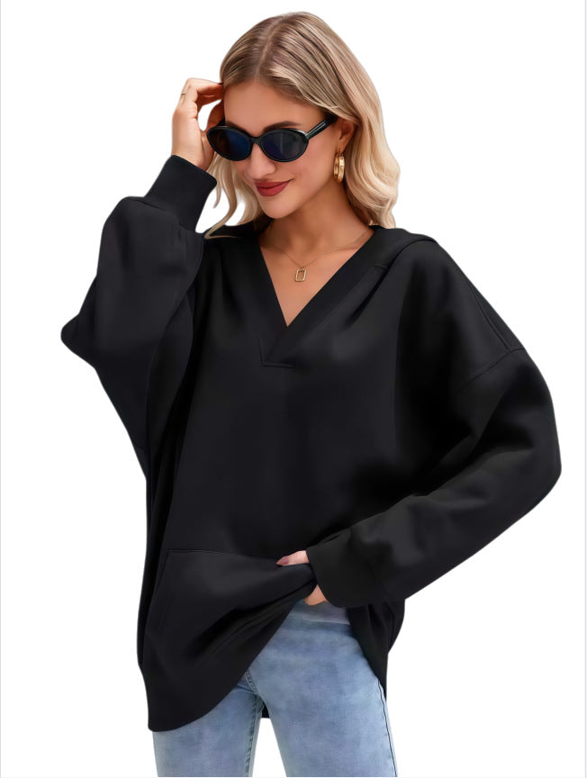 Women's Oversized V-Neck Hoodie with Hood, Kangaroo Pocket and Extended Hem Mune Fashion