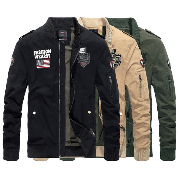 Men's Vintage Canvas Bomber Jacket with Patch Applications and Arm Pocket Mune Fashion