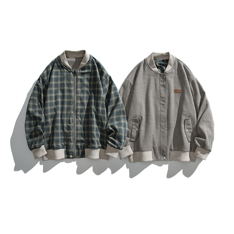 Unisex boxy bomber jacket in herringbone look with ribbed cuffs, flap pockets, and concealed snap button placket Mune Fashion