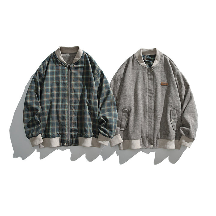 Unisex boxy bomber jacket in herringbone look with ribbed cuffs, flap pockets, and concealed snap button placket Mune Fashion