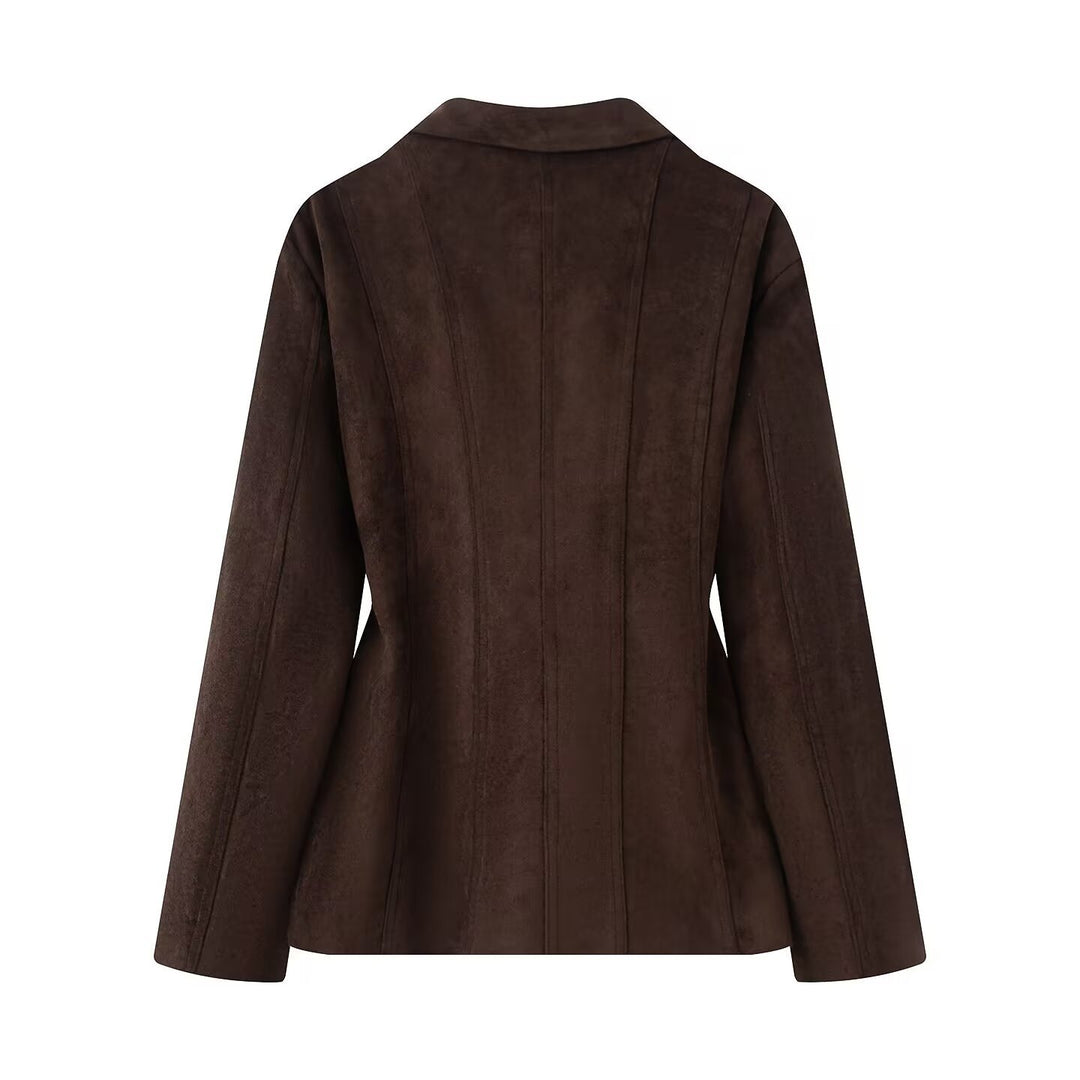 Women Tailored Blazer in Velvet Look with Double Button Closure and Wiener Seams Mune Fashion