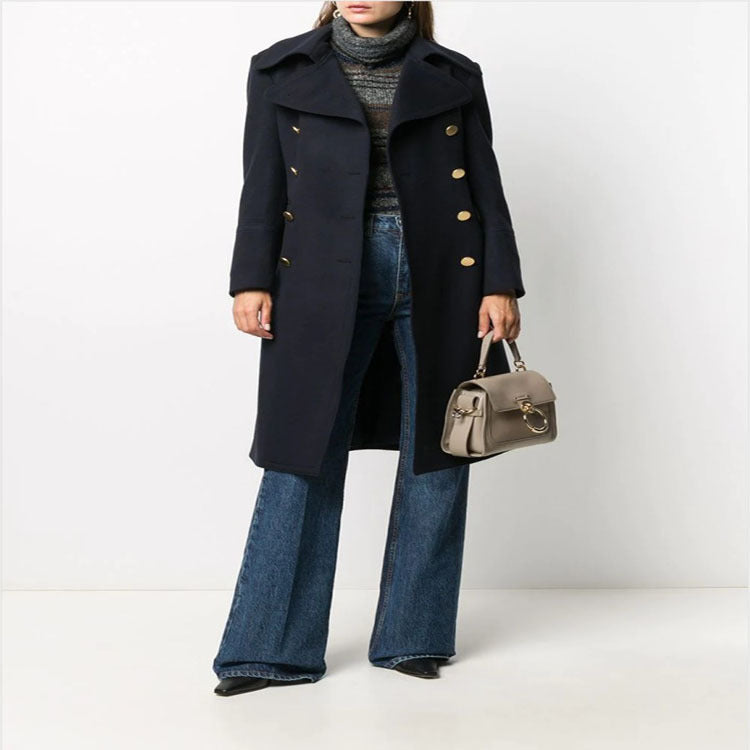 Women Tailored Double-Breasted Coat with Wide Lapels and Gold Decorative Buttons Mune Fashion