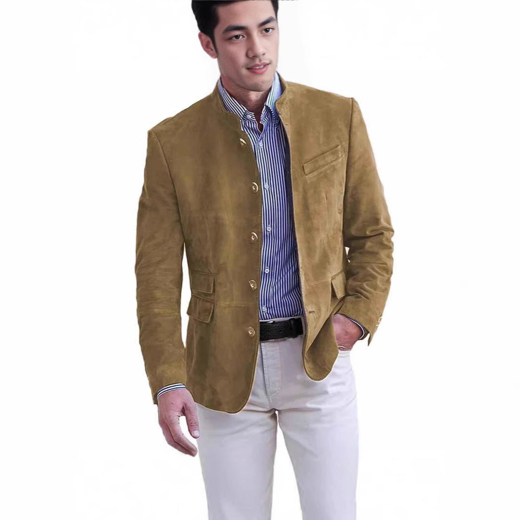 Men's Suede Blazer with Stand-up Collar and Flap Pockets Mune Fashion