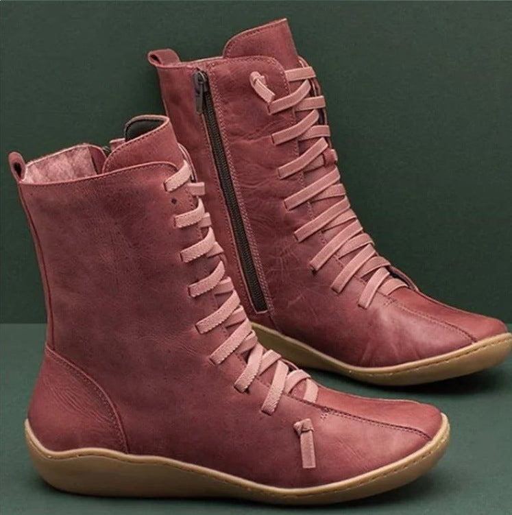 Women's ankle-high lace-up boots with side zipper and shock-absorbing rubber sole Mune Fashion