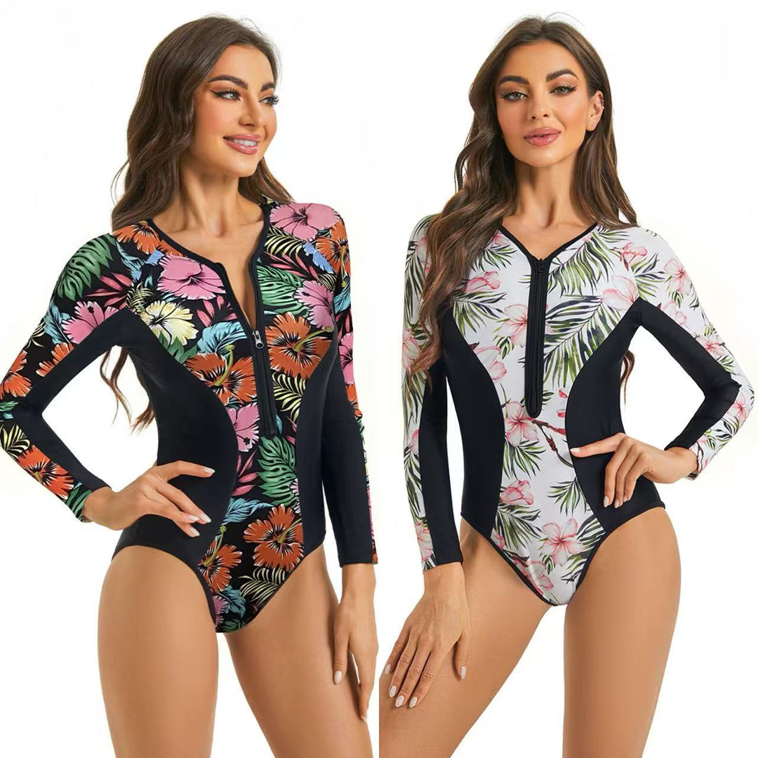 Women’s Sporty Long Sleeve Swimsuit with Floral Graphic Design Mune Fashion