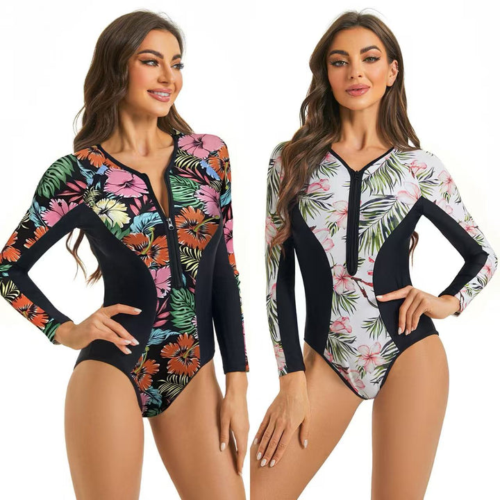 Women’s Sporty Long Sleeve Swimsuit with Floral Graphic Design Mune Fashion