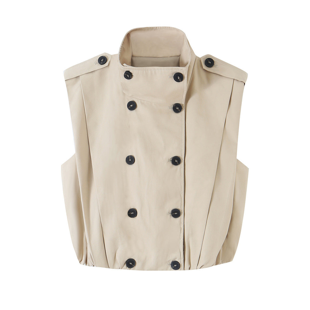 Women Sleeveless Trench Vest with Double Breasted and Stand Collar Mune Fashion