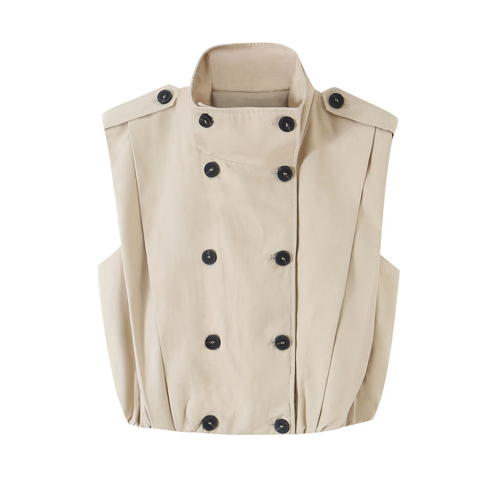 Women Sleeveless Trench Vest with Double Breasted and Stand Collar Mune Fashion