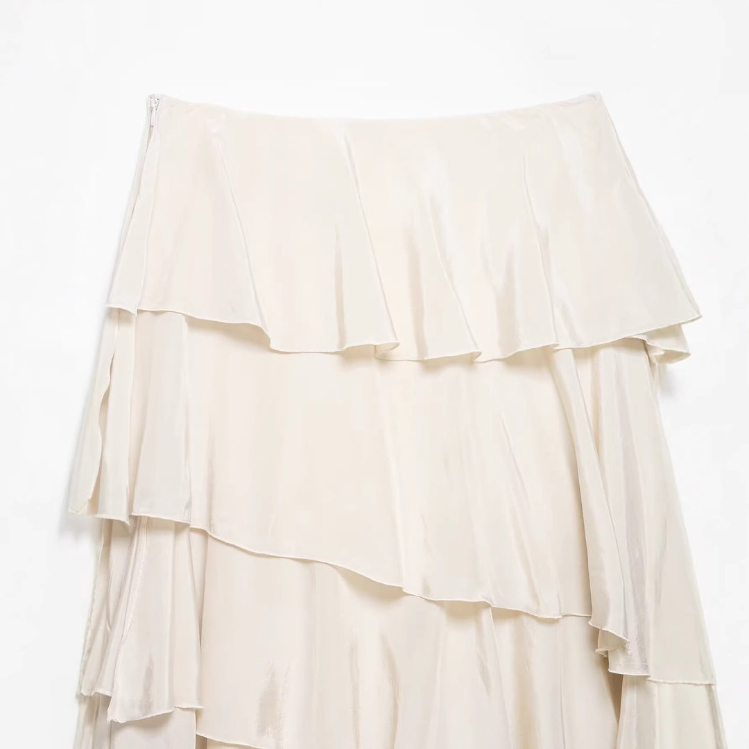 Women's Asymmetrical Tiered Skirt with Ruffles and Flowing Satin Fall Mune Fashion