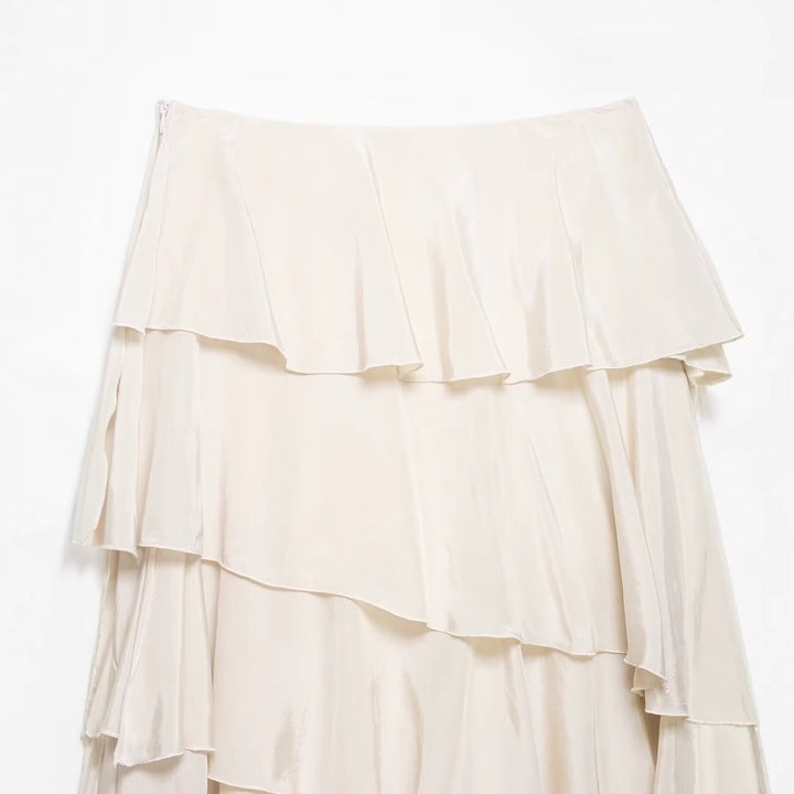 Women's Asymmetrical Tiered Skirt with Ruffles and Flowing Satin Fall Mune Fashion