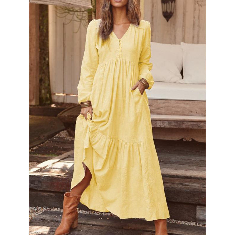 Ladies Long Tiered Dress made of Linen Blend with V-Neck and Side Pockets Mune Fashion