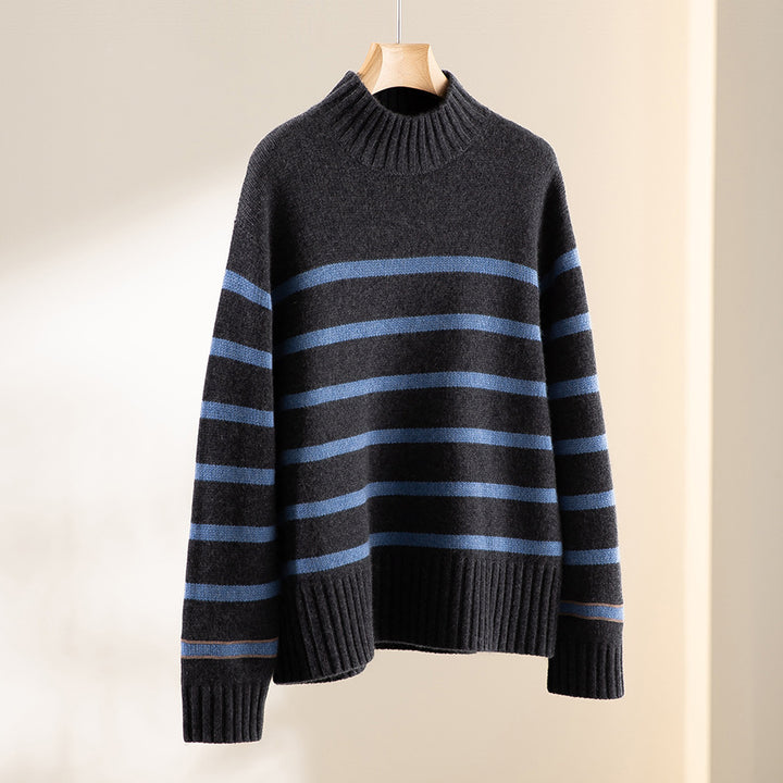 Women Striped Fine Knit Sweater with Half-High Ribbed Collar and Ribbed Hem Mune Fashion