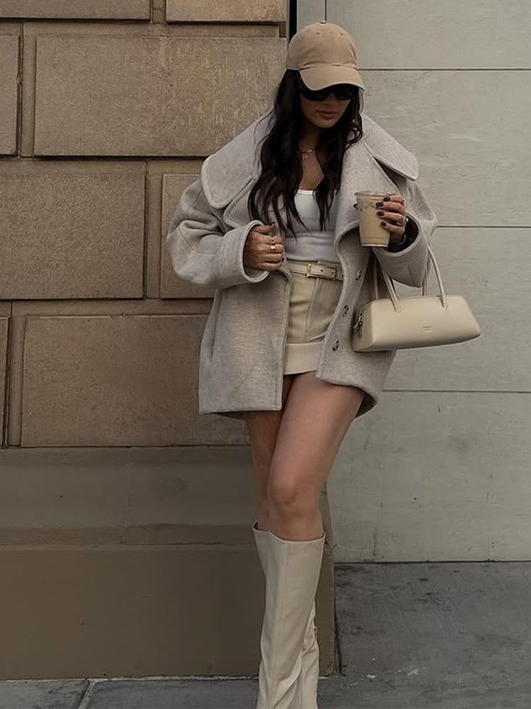 Womens Oversize Wool Blend Short Coat with Large Revere and Boxy Cut Mune Fashion