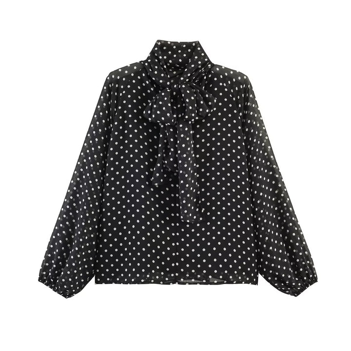 Women 50+ silk-like polka dot slip blouse with bow collar and balloon sleeves Mune Fashion