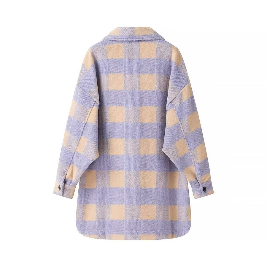 Women's Oversize Check Teddy Jacket with Extended Back and Patch Chest Pockets Mune Fashion