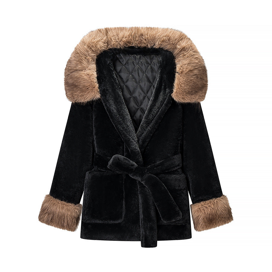 Women's Short Teddy Faux Fur Coat with Hood, Quilted Lining and Ties Mune Fashion