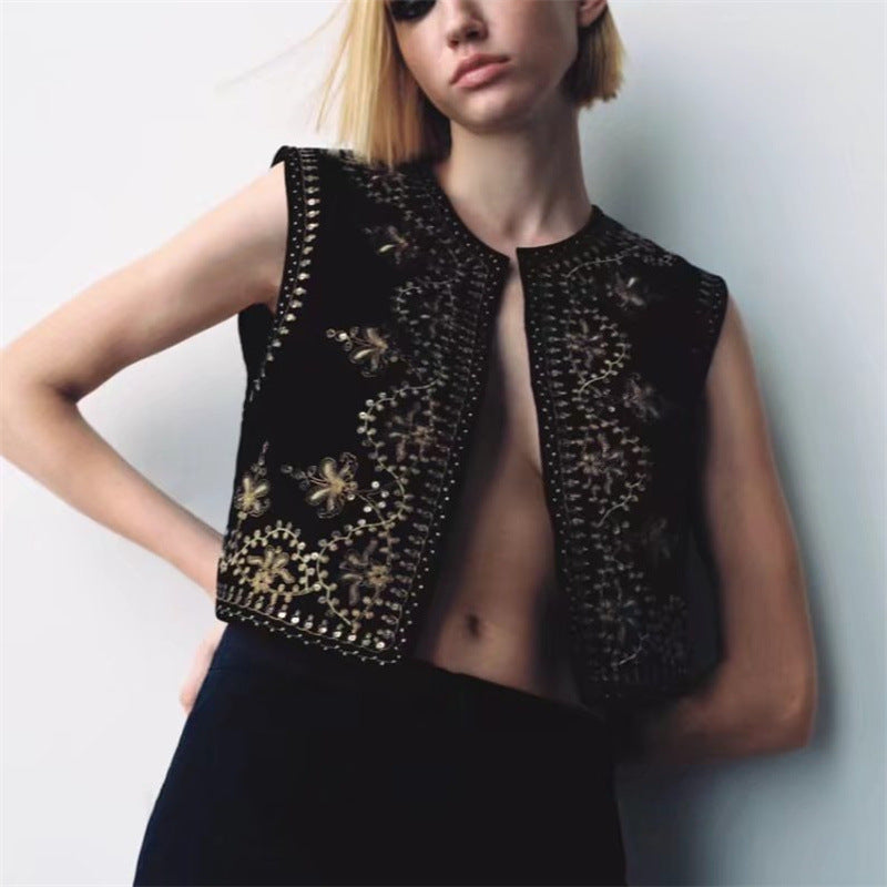 Women Embroidered Velvet Cropped Vest with Bead and Sequin Trim Mune Fashion