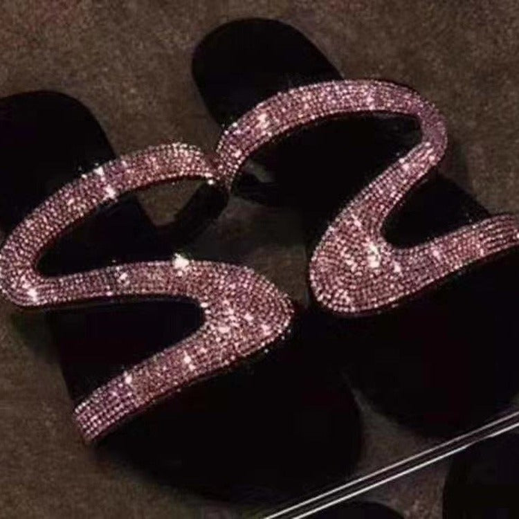 Ladies glitter sandal with curved rhinestone straps and padded comfort footbed Mune Fashion