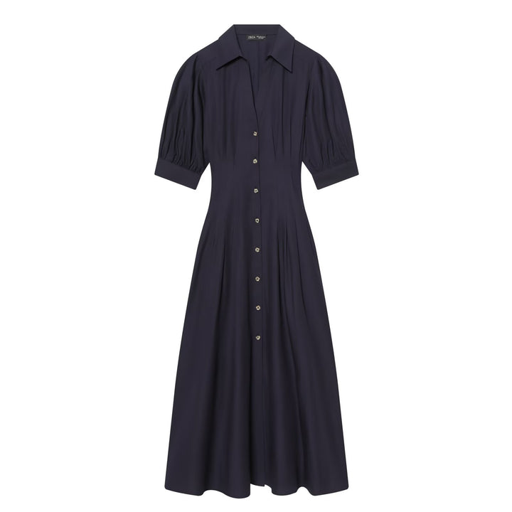 Women's shirt dress with fitted silhouette, puff sleeves, and full button placket Mune Fashion