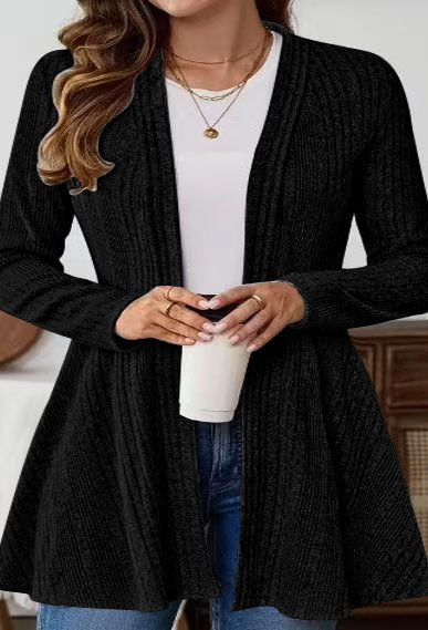 Ladies Open Fine Knit Cardigan with Ribbed Structure, Tailored Cut and Swinging Hem Mune Fashion