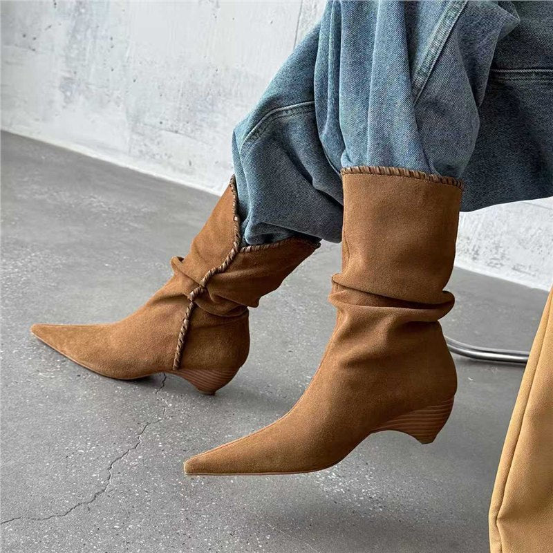 Women’s Slip-On Velour Boots with Decorative Stitching, V-Cuff and Sculpted Kitten Heel Mune Fashion