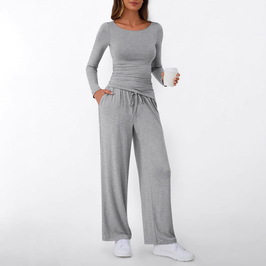 Women's Fitted Long Sleeve Shirt and Palazzo Jersey Pants Loungewear Set Mune Fashion