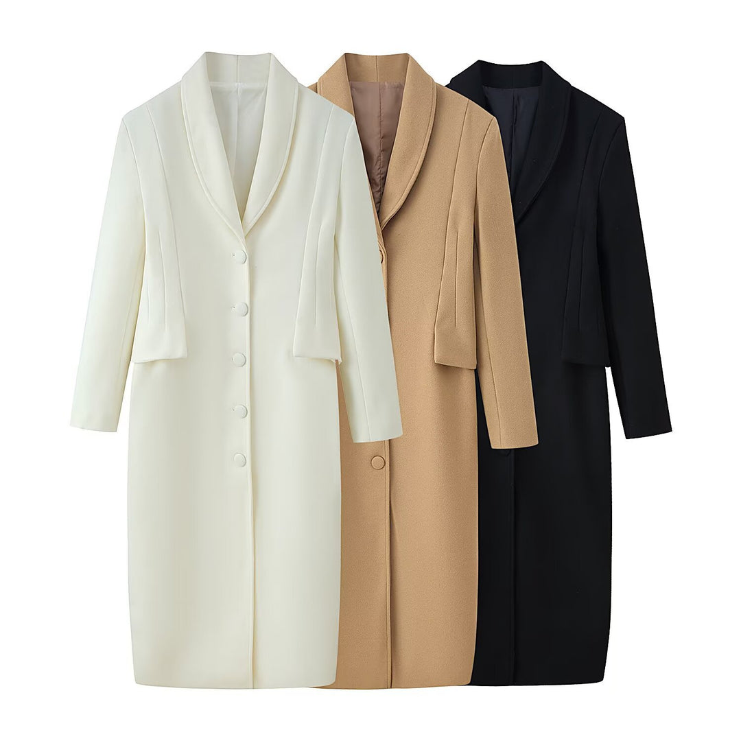 Women’s Longer Wool Blend Coat with Shawl Collar and Tailored Silhouette Mune Fashion