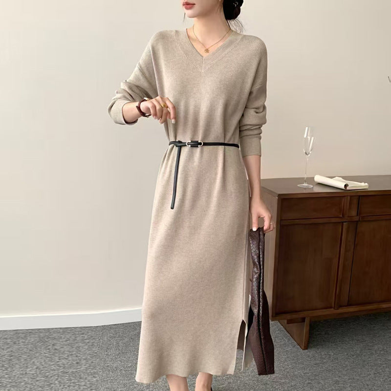 Women Long Fine Knit Midi Dress with V-Neck, Side Slit, and Relaxed Silhouette Mune Fashion