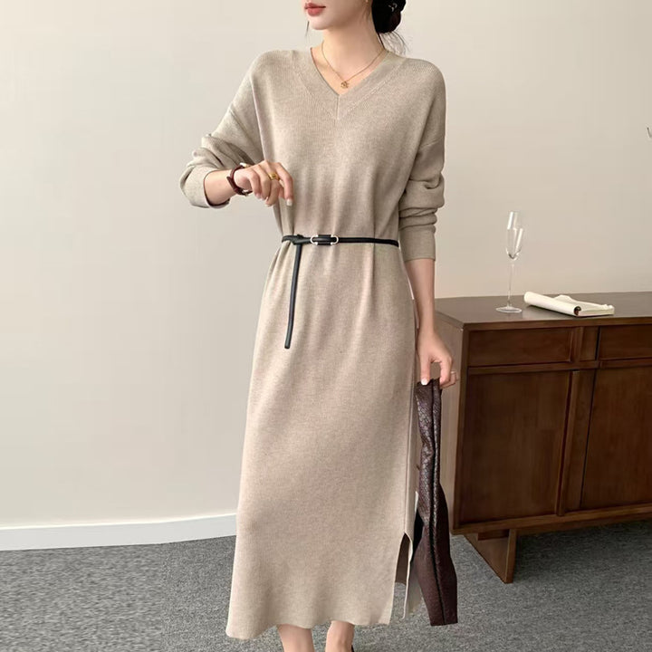 Women Long Fine Knit Midi Dress with V-Neck, Side Slit, and Relaxed Silhouette Mune Fashion
