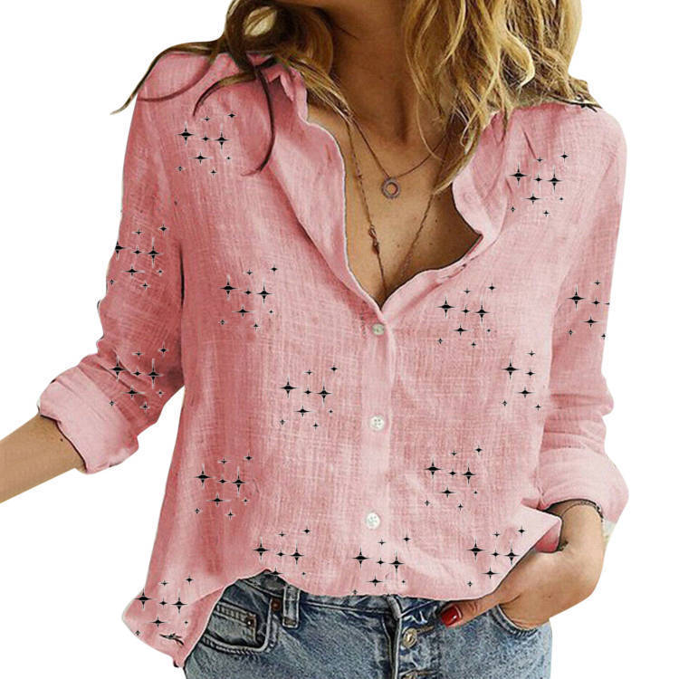 Women's breathable cotton-linen tunic blouse with Kent collar, buttoned V-neck and rounded hem Drune