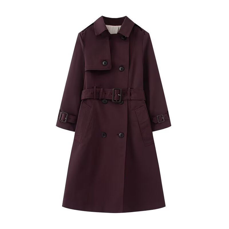 Women's Longer tailored trench coat with double-breasted button placket, waist belt, and sleeve tab Mune Fashion