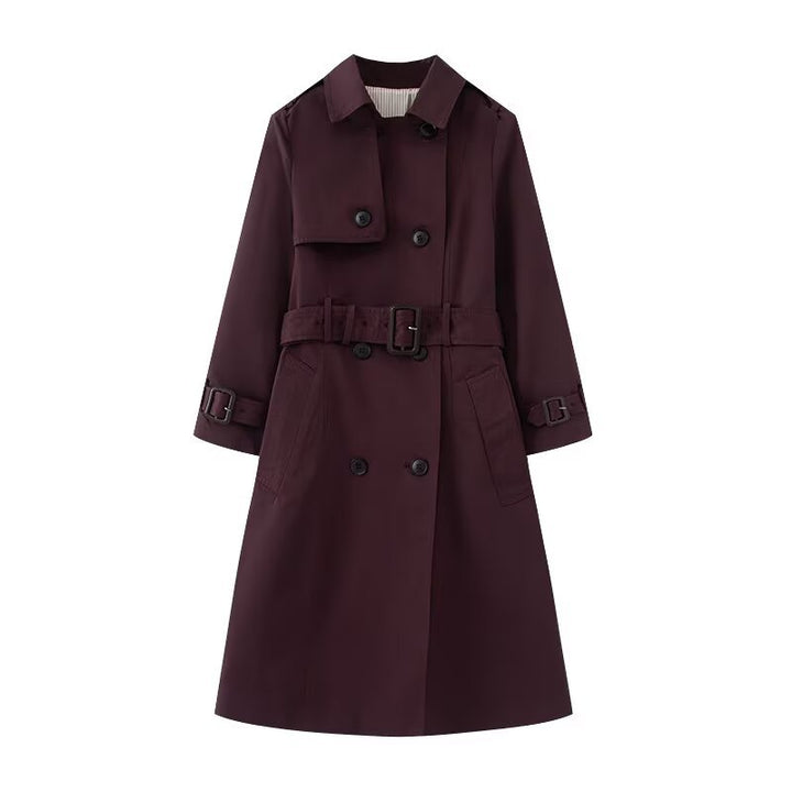 Women's Longer tailored trench coat with double-breasted button placket, waist belt, and sleeve tab Mune Fashion