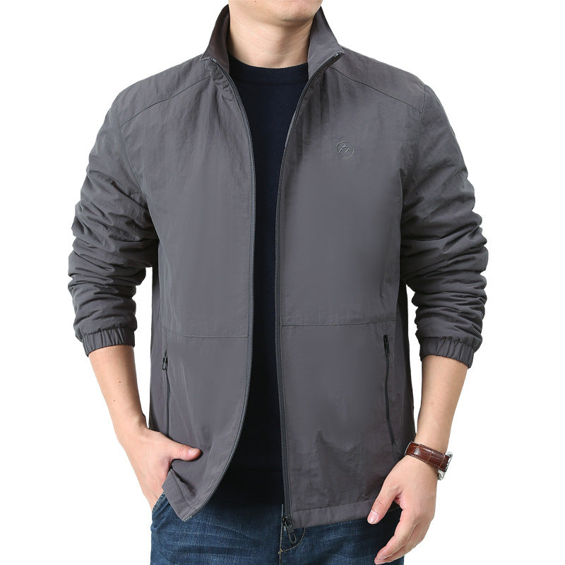 Men's Lightweight Windbreaker with Stand Collar, Two Zipper Pockets and Elastic Cuffs Mune Fashion