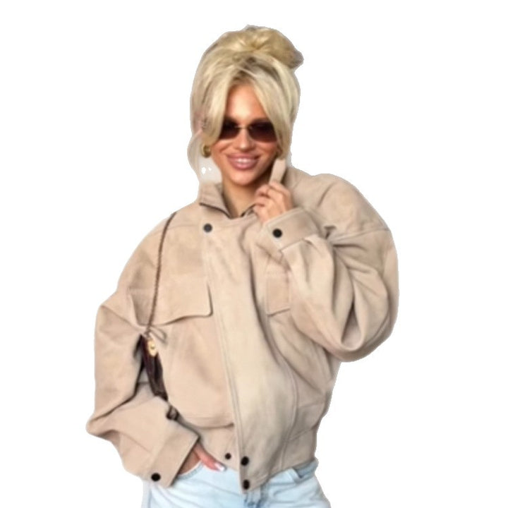 Women Oversize Suede Look Jacket with Flap Pockets and Stand-Up Collar Mune Fashion