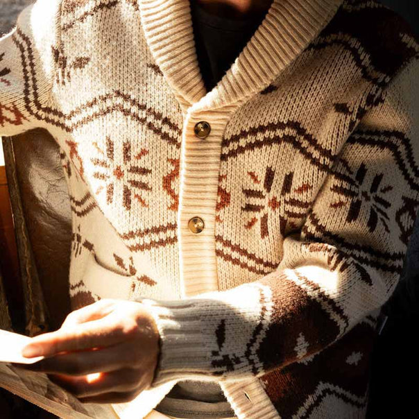 Men's Patterned Cardigan in Nordic Look with Shawl Collar and Patch Pockets Mune Fashion