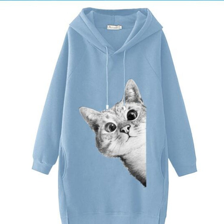 Women's Oversize Hooded Dress with Large Cat Design and Side Pockets Mune Fashion