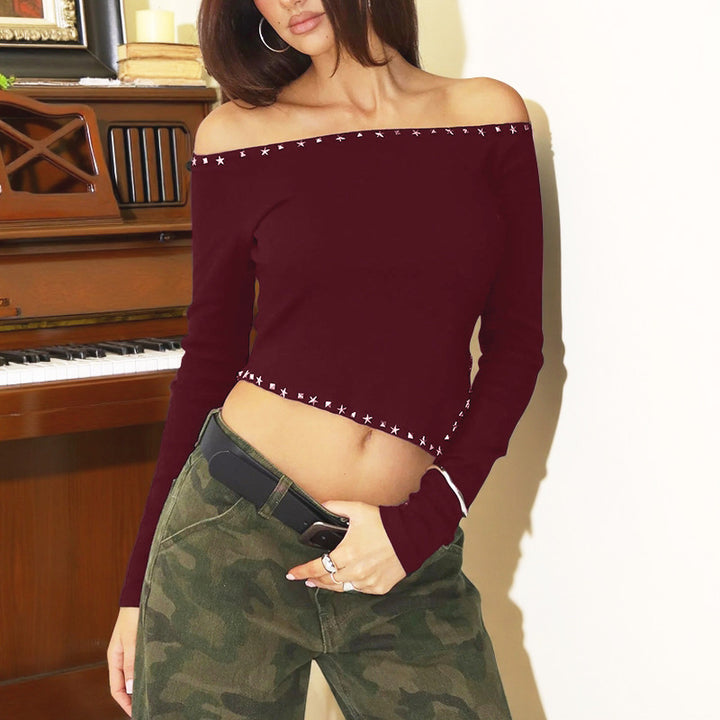 Women Asymmetrical Off-Shoulder Crop Top with Long Sleeves and Studded Trim Mune Fashion