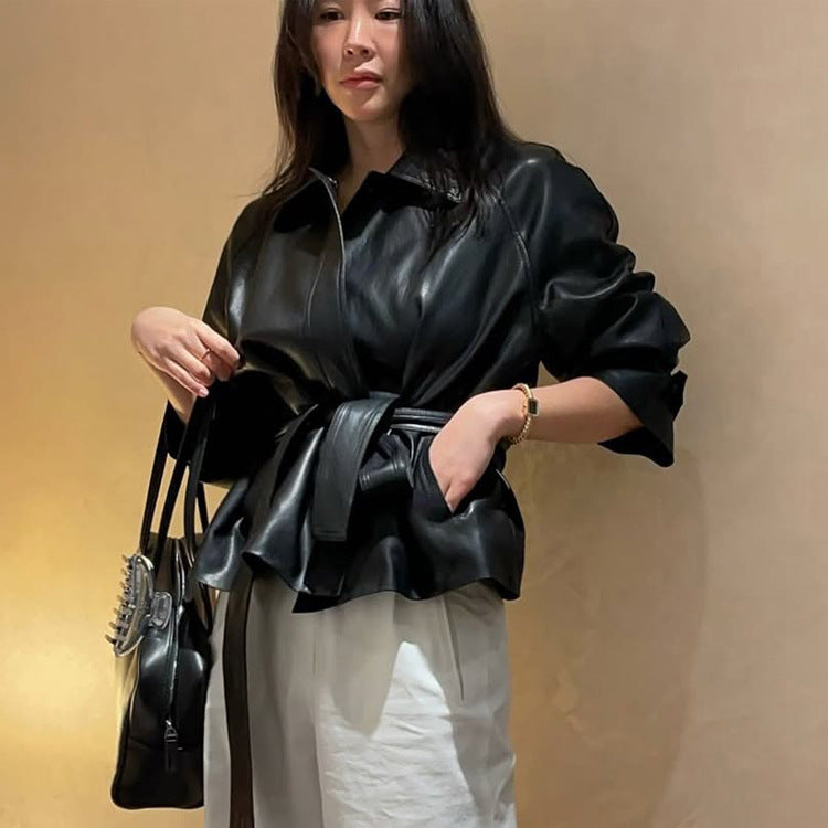 Women's Tailorable Faux Leather Jacket with Wrap Belt and Boxy Silhouette Mune Fashion