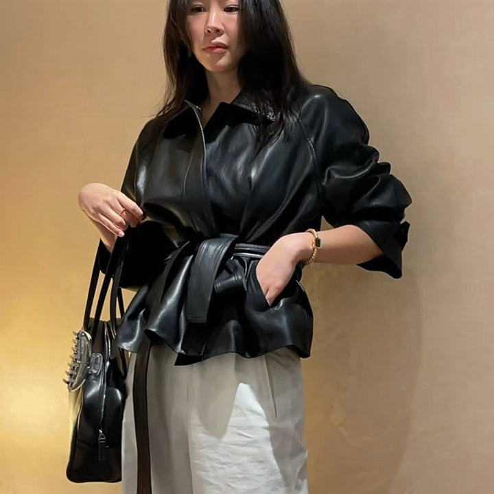 Women's Tailorable Faux Leather Jacket with Wrap Belt and Boxy Silhouette Mune Fashion