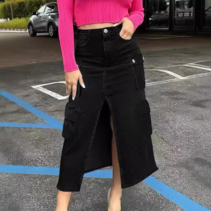 Ladies High-Waist Cargo Denim Midi Skirt with Front Slit Mune Fashion