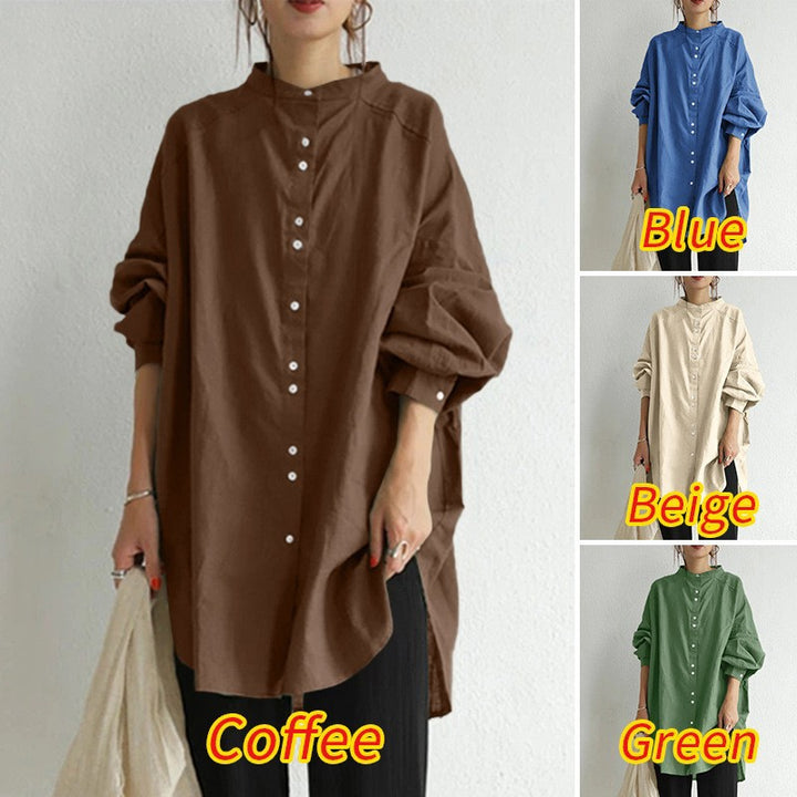 Women's casual oversized tunic blouse with stand-up collar, button placket and side slits Mune Fashion