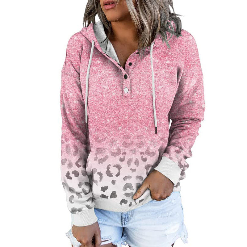 Women's hooded sweatshirt with button placket, ombré design and leopard print Mune Fashion