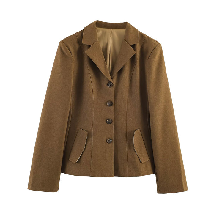 Women Tailored Short Blazer with Wiener Seams, Continuous Button Placket and Flap Pockets Mune Fashion